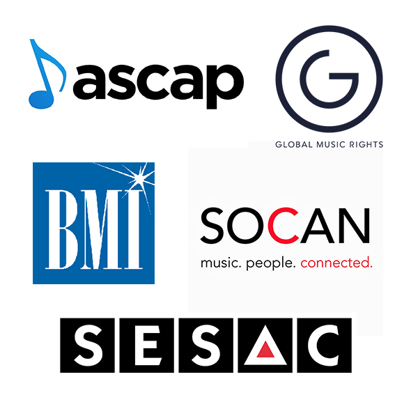 performance rights organizations in North America - BMI, ASCAP, SESAC, Global Music Rights, SOCAN